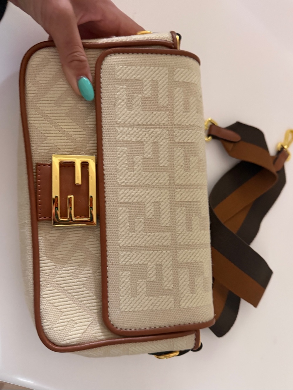 Designer-Inspired ff Cream Canvas Crossbody Bag with Brown Trim - Picture 2 of 4